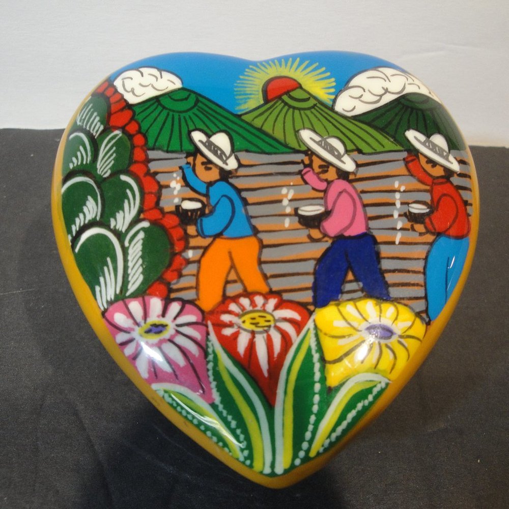 Trinket Box Souvenir from Puerto Vallarta  Painted TerraCotta Heart Shap…